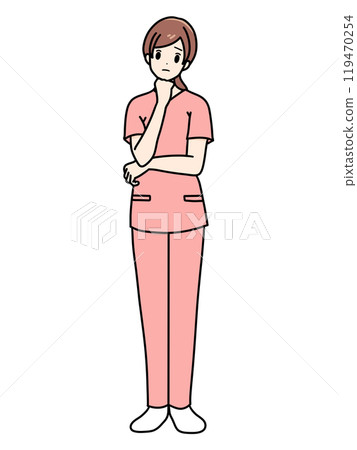 女護士正面站立姿勢，擦洗，手托下巴 119470254