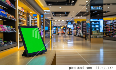Modern Retail Store with Green Screen Monitor Display 119470432