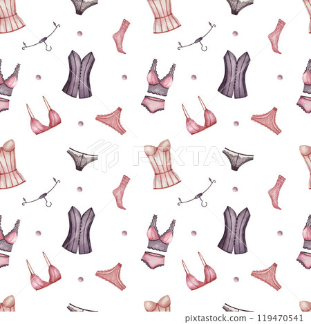 Seamless white pattern underwear and underclothes. Watercolor illustration. Can use with wrapping paper, booklets, postcards, website, packages in lingerie stores, to design a page on social networks 119470541