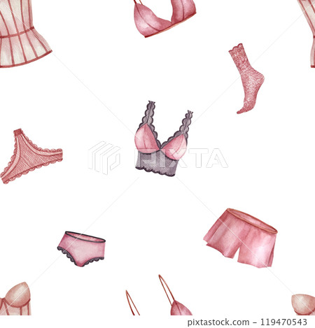 Seamless white pattern underwear and underclothes. Watercolor illustration. Can use with wrapping paper, booklets, postcards, website, packages in lingerie stores, to design a page on social networks Seamless white pattern underwear and underclothes. Watercolor illustration. Can use with wrapping paper, booklets, postcards, website, packages in lingerie stores, to design a page on social networks 119470543