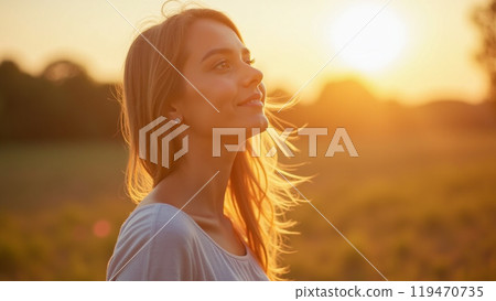 Young woman standing outdoors feeling the sun on her face 119470735