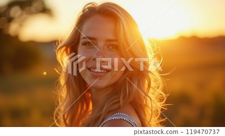 Young woman standing outdoors feeling the sun on her face 119470737
