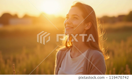 Young woman standing outdoors feeling the sun on her face 119470742