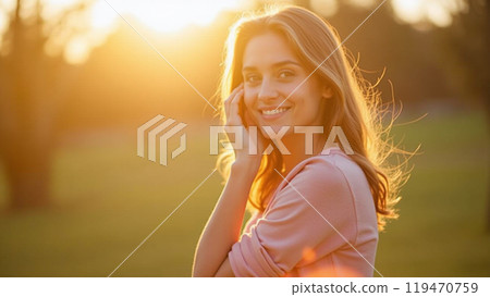 Young woman standing outdoors feeling the sun on her face 119470759