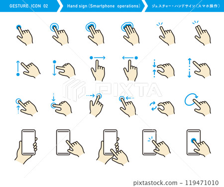 Hand sign icon set. Hand gestures. Smartphone operation. Touch and swipe. 119471010