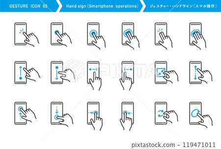 手勢圖標集。手勢。智慧型手機操作。觸摸或滑動。 119471011