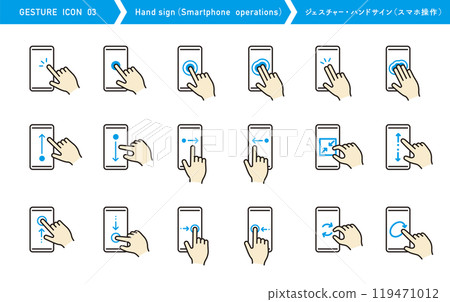 手勢圖標集。手勢。智慧型手機操作。觸摸或滑動。 119471012