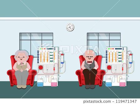 Elderly suffering from kidney disease sitting on chair. Elderly suffering from kidney disease sitting on chair. 119471347