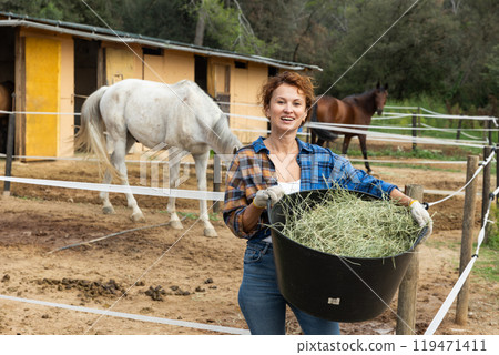 Adult female farm worker standing with basket and feeding roan horse with hay at stable 119471411