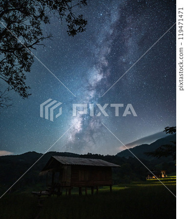 Milky Way and Man Standing in a Rice Field Milky Way and Man Standing in a Rice Field 119471471