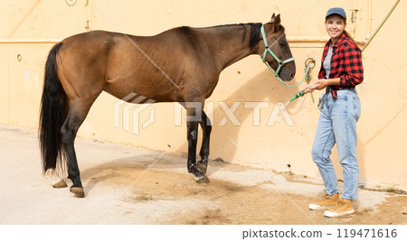 Female employee waters horse with water from hose and washes animal after walk. Female employee waters horse with water from hose and washes animal after walk. 119471616