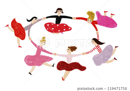 Hand-drawn illustration: Women holding hands in a circle 119471758