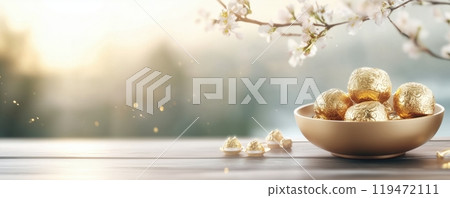 Delicious golden treats in a bowl, surrounded by soft light and cherry blossoms. 119472111