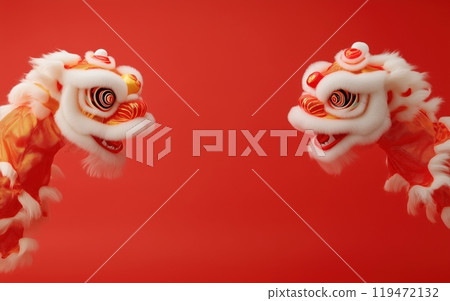 Two vibrant lion dance heads on a red background, symbolizing celebration and tradition. 119472132