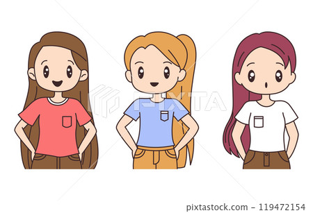 Collection of Cute Beautiful Long Haired Girl Cartoon Character Pose 119472154