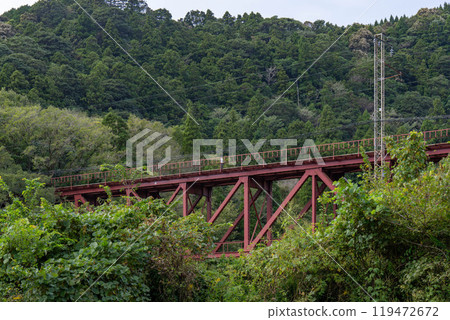 An iron bridge surrounded by greenery An iron bridge surrounded by greenery 119472672