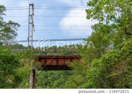 An iron bridge surrounded by greenery An iron bridge surrounded by greenery 119472673