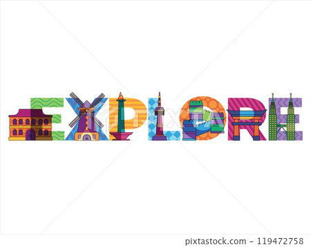 Explore font exploration traveling around the world landmarks places colorful alphabet modern concept design icon set 119472758