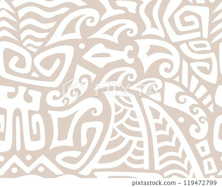 Polynesian motifs. Tiki seamless pattern. Aztec textile print.Geometric, vector background. Suitable for printing on fabric and paper, for parties. Polynesian motifs. Tiki seamless pattern. Aztec textile print.Geometric, vector background. Suitable for printing on fabric and paper, for parties. 119472799