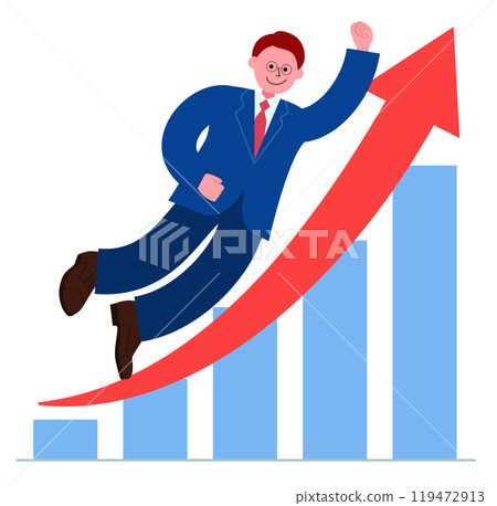 Illustration of a man in a suit floating in the air with his fist raised and a bar graph rising to the right 119472913