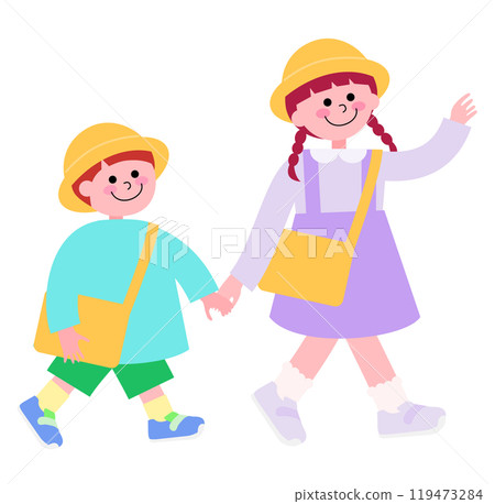 An illustration of a girl in a skirt with pigtails and her brother wearing a smock walking to kindergarten, holding hands and smiling 119473284