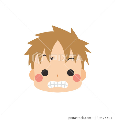 一個可愛的小男孩皺眉圖標面部表情白色背景向量的表情符號插圖 一個可愛的小男孩皺眉圖標面部表情白色背景向量的表情符號插圖 119473305