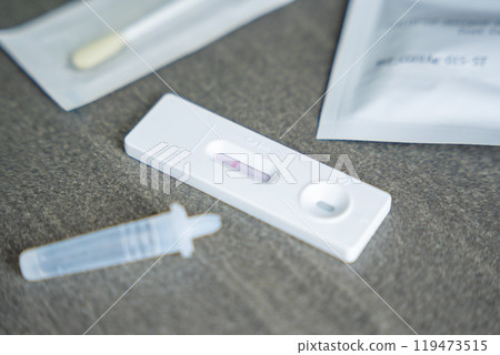 Rapid Antigen Test kit with with negative result during swab COVID-19 testing. Coronavirus Self nasal or Home test, Autumn exacerbation of viruses 119473515