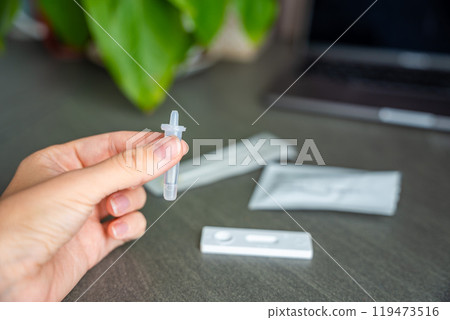 Rapid Antigen Test kit with all needed during swab COVID-19 testing. Coronavirus Self nasal or Home test, Autumn exacerbation of viruses Rapid Antigen Test kit with all needed during swab COVID-19 testing. Coronavirus Self nasal or Home test, Autumn exacerbation of viruses 119473516
