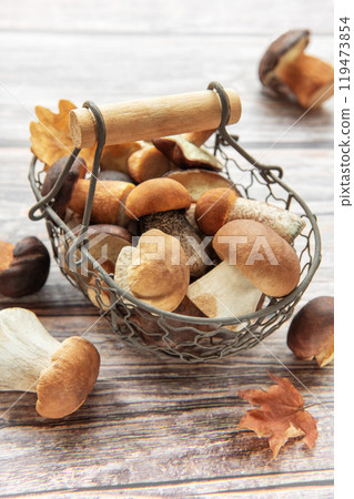 A rustic basket filled with various fresh mushrooms resting on a wooden table in an autumn setting A rustic basket filled with various fresh mushrooms resting on a wooden table in an autumn setting 119473854