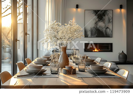 Large table with a vase of white flowers in the center, set for a dinner party with many plates, glasses, and utensils. Scene is elegant and inviting Large table with a vase of white flowers in the center, set for a dinner party with many plates, glasses, and utensils. Scene is elegant and inviting 119473909