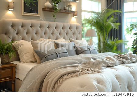 Classic modern bed with white headboard and comforter. Plants and has a lamp on the nightstand. Cozy and inviting 119473910
