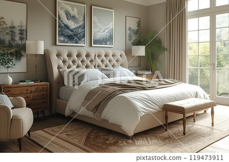 Large bed with a white comforter and a brown throw blanket. Room has a modern and elegant feel to it Large bed with a white comforter and a brown throw blanket. Room has a modern and elegant feel to it 119473911