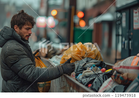 Man throws a bag into a trash can on the street 119473918