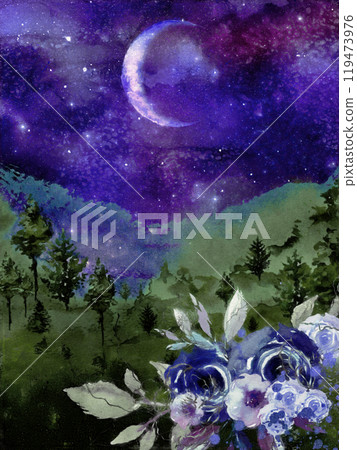 Flowers blooming in the moonlight and a fantastic night sky Flowers blooming in the moonlight and a fantastic night sky 119473976