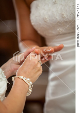 The Special Moment of Exchanging Wedding Rings to Celebrate Their Love and Commitment 119474134