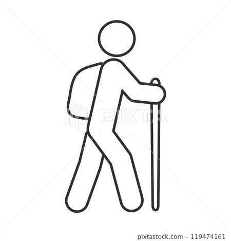 Line art Hiking, path, walking stick icon symbol. Hiker, backpacker logo sign. Journey, Travel vector illustration image. Isolated on white background. Line art Hiking, path, walking stick icon symbol. Hiker, backpacker logo sign. Journey, Travel vector illustration image. Isolated on white background. 119474161