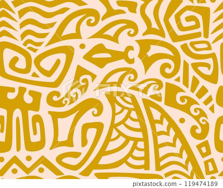 Polynesian motifs. Tiki seamless pattern. Aztec textile print.Geometric, vector background. Suitable for printing on fabric and paper, for parties. Polynesian motifs. Tiki seamless pattern. Aztec textile print.Geometric, vector background. Suitable for printing on fabric and paper, for parties. 119474189