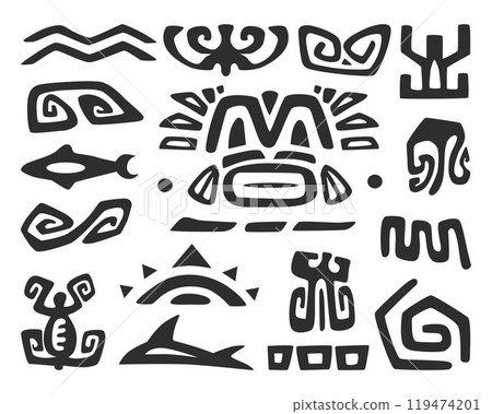 Tiki elements. Aztec and Mayan graphics on a white isolated background. Ethnic Vector Decorations Tiki elements. Aztec and Mayan graphics on a white isolated background. Ethnic Vector Decorations 119474201