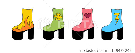 Set of trendy 1980 retro disco boots. Collection vintage shoes different design. Vector flat illustration. 119474245