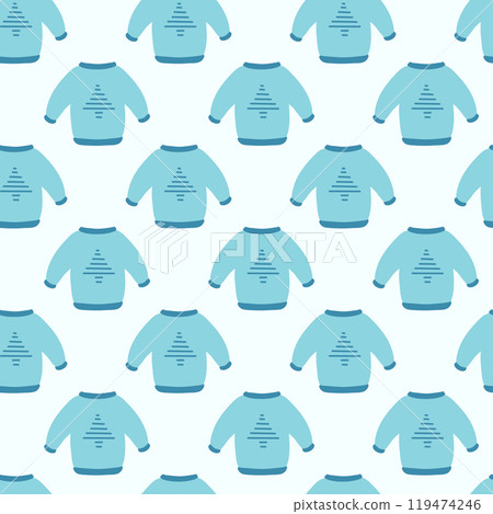 Seamless pattern. Winter sweater with Christmas tree design. Cozy background. Vector flat illustration. 119474246