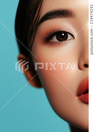 Close up of a young womans face with smooth, flawless skin.  Close up of a young womans face with smooth, flawless skin.  119474291
