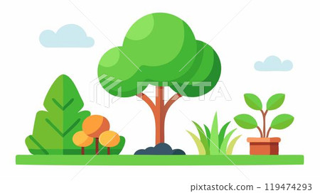 Green flat summer landscape. Nature forest, park tree. Cartoon woodland, natural wood environment. Plant foliage and branch. Eco illustration Green flat summer landscape. Nature forest, park tree. Cartoon woodland, natural wood environment. Plant foliage and branch. Eco illustration 119474293