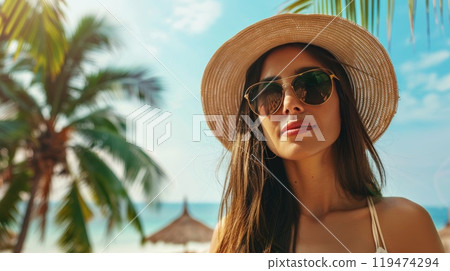 Woman in hat in resort vacation. Caucasian female person. Pretty girl in tropical resort. Summer ocean beach and blue sky Woman in hat in resort vacation. Caucasian female person. Pretty girl in tropical resort. Summer ocean beach and blue sky 119474294