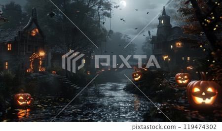 Halloween banner. Scary pumpkin, night horror bat and haunting town. Mystery holiday illustration. Creepy castle with jack lantern. October spooky decoration 119474302
