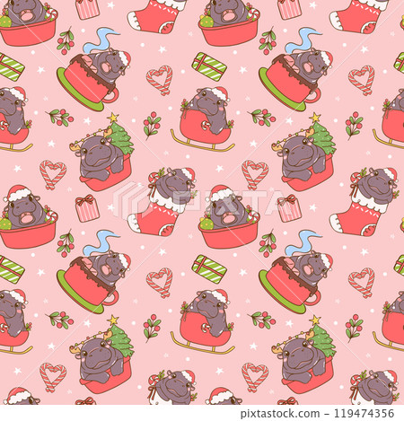 Festive Christmas Baby Pygmy Hippo seamless pattern isolated on pink background 119474356