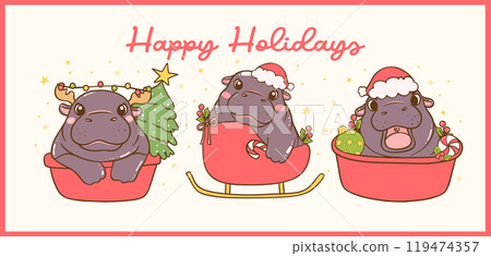 group of Retro Christmas Baby Pygmy Hippos Hand Drawn Cartoon Characters banner group of Retro Christmas Baby Pygmy Hippos Hand Drawn Cartoon Characters banner 119474357