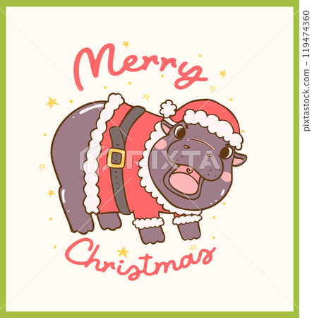 Retro Christmas Baby Pygmy Hippo in Santa uniform Hand Drawn Cartoon Characters idea for greeting card Retro Christmas Baby Pygmy Hippo in Santa uniform Hand Drawn Cartoon Characters idea for greeting card 119474360