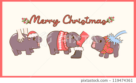 Retro Christmas banner Baby Pygmy Hippo Hand Drawn Cartoon Characters with Santa Hat set 119474361