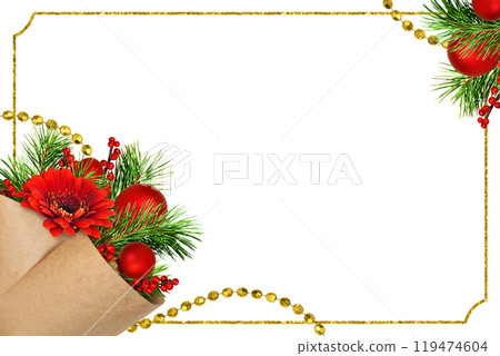 Christmas bouquet in corner arrangements and a golden frame isolated on white 119474604