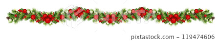 Snowberries with green twigs of Christmas tree, red decorations and cones in a holiday waved garland isolated Snowberries with green twigs of Christmas tree, red decorations and cones in a holiday waved garland isolated 119474606